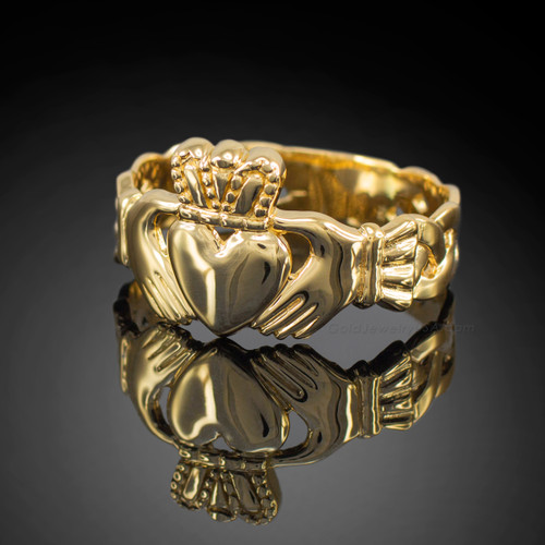 Yellow gold classic claddagh men's ring with trinity band.