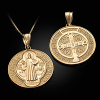 Gold Saint Benedict Medal Reversible Pendant Necklace