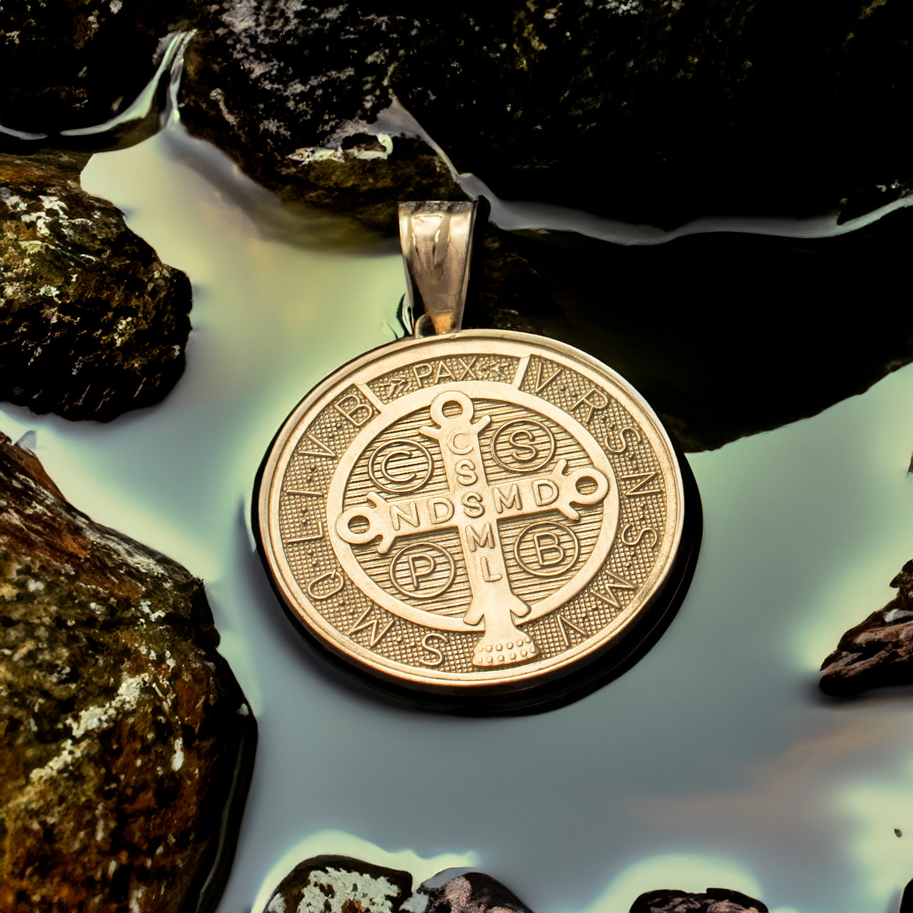 Solid 14k Yellow Gold St. Benedict Crucifix Cross Charm Pendant (1.10