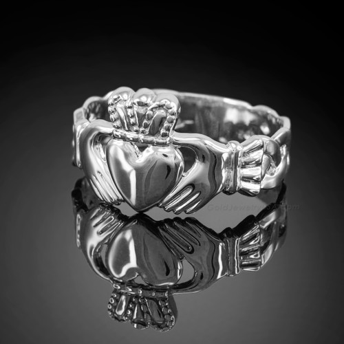 White gold classic claddagh mens ring with trinity band