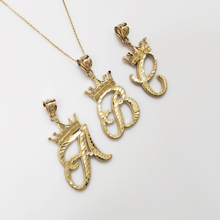 Yellow Gold Cursive Crown Letter Initial Pendant Necklace