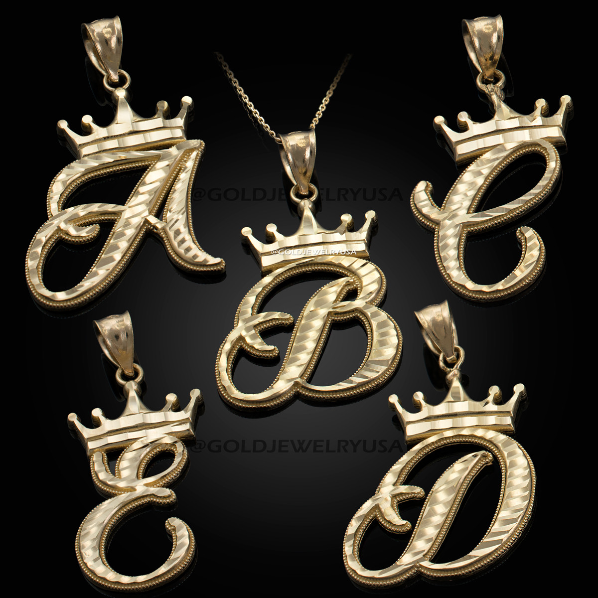 Yellow Gold Cursive Crown Letter Initial Pendant Necklace