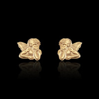 14K Yellow Gold Cupid Angel Stud Earrings