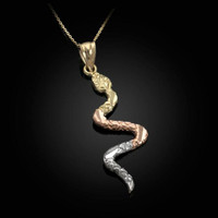 Tri Tone Gold Snake Pendant Necklace