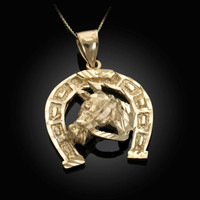 Gold Large Horseshoe With Horse Face Pendant Necklace