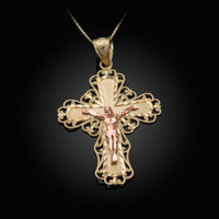 Two Tone Gold Crucifix Filigree Pendant Necklace 