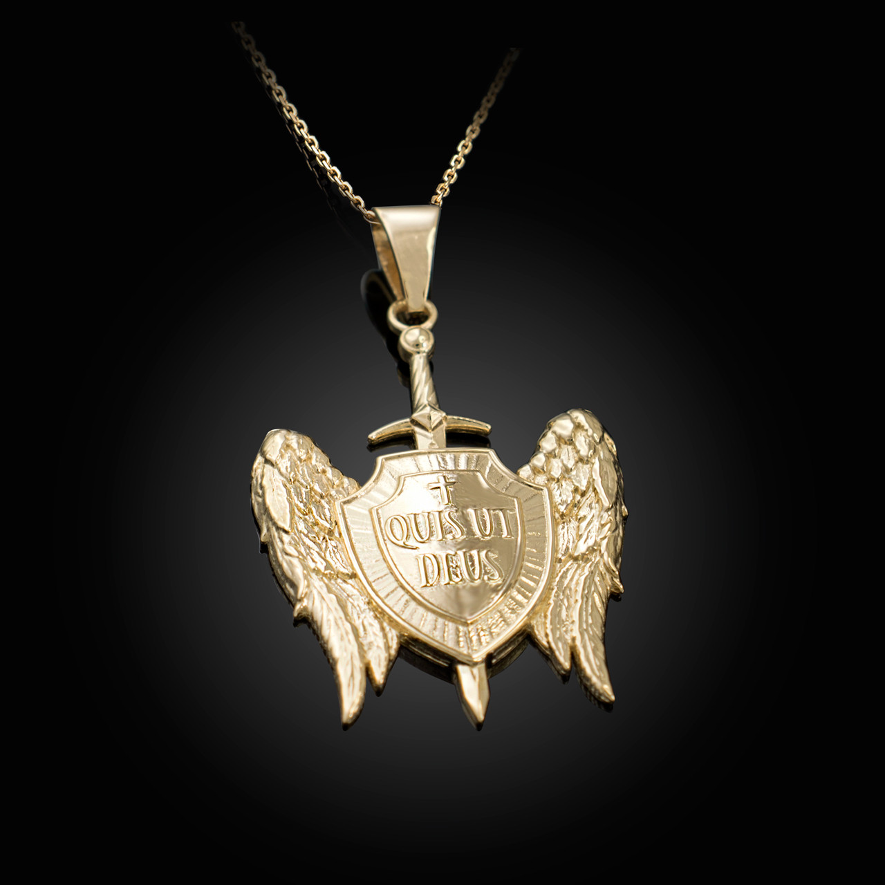 Underline I will be strong Sister Gold 3D Saint Michael Sword and Shield "Quis ut Deus" Pendant Necklace
