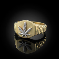 Gold Marijuana Weeds Leafs Mens Ring
