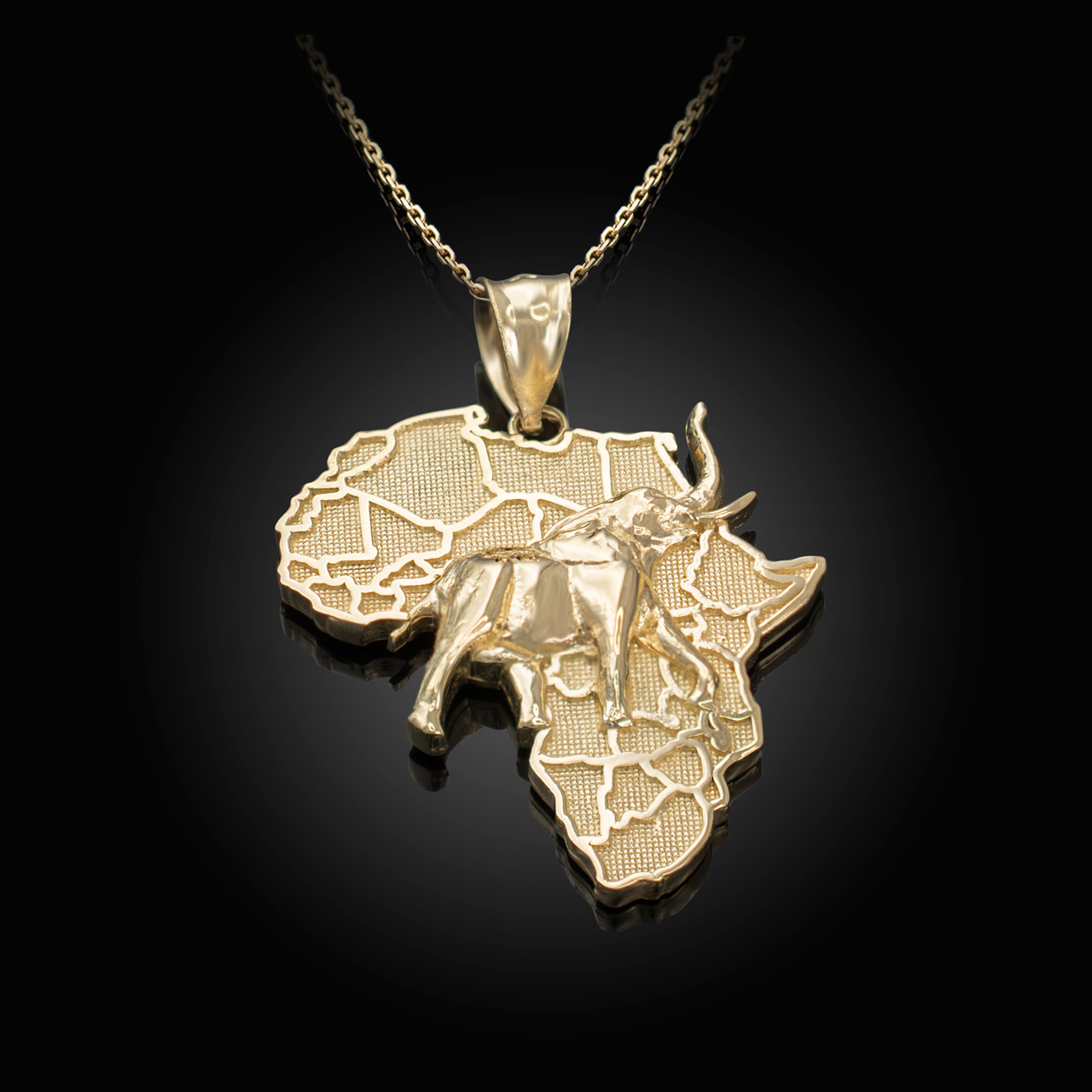 Solid Gold Africa Map Elephant Pendant Necklace