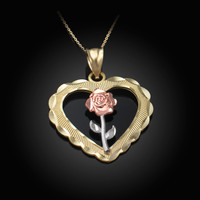 Tri-tone Gold Heart Rose Pendant Necklace