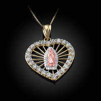 Tri-Tone Gold Our Lady Of Guadalupe Heart With CZ Pendant Necklace