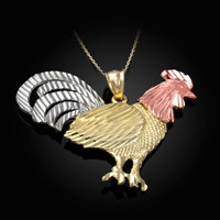 Tri-tone Large Rooster Pendant Necklace