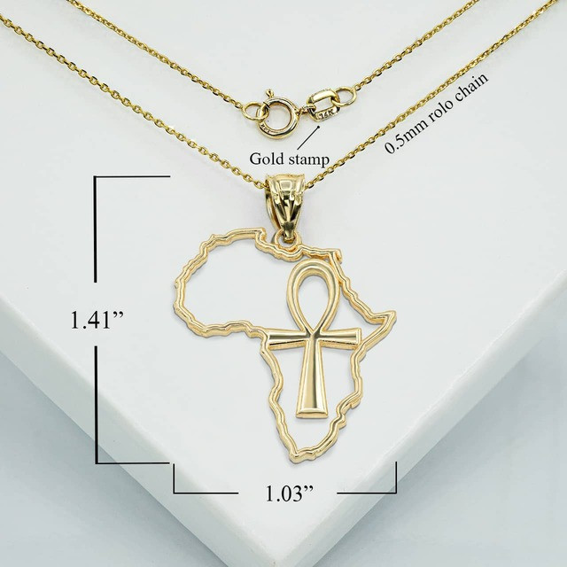 Collana ANKH Placcata Oro 24k Con Ciondolo Mappa Africa, Nera, Nuova Con Etichette