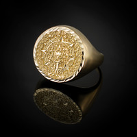 Gold Aztec Mayan Sun Calendar Men's Sparkle-Cut Statement Ring