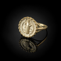Gold Saint Benedict Women's Coin Medallion Ring