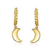 Yellow Gold Crescent Moon Cuban Link Huggie Earrings