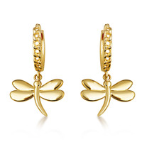Yellow Gold Dragonfly Nature Cuban Link Huggie Earrings