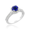 White Gold Blue Sapphire Halo Diamond Pave Engagement Ring