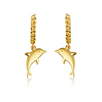 Yellow Gold Marine Dolphin Cuban Link Huggie Earrings
