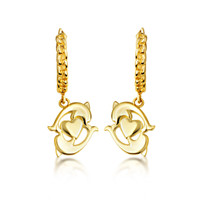 Yellow Gold Marine Dolphin Heart Cuban Link Huggie Earrings