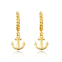 Yellow Gold Nautical Anchor Cuban Link Huggie Earrings