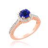 Rose Gold Blue Sapphire Halo Diamond Pave Engagement Ring