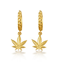 Yellow Gold Marijuana Leaf Cannabis Cuban Link Huggie Earrings