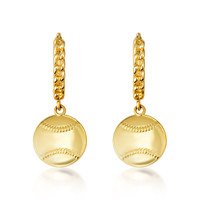 Yellow Gold Baseball Sports Cuban Link Huggie Earrings