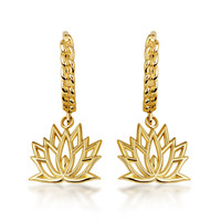 Yellow Gold Lotus Bloom Flower Cuban Link Huggie Earrings