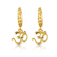 Yellow Gold Spiritual Om Symbol Cuban Link Huggie Earrings