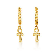 Yellow Gold Egyptian Ankh Cuban Link Huggie Earrings