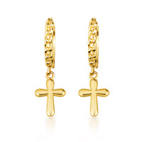 Yellow Gold Religious Cross Milgrain Cuban Link Huggie Earrings