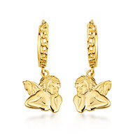 Yellow Gold Cherub Angel Wings Cuban Link Huggie Earrings