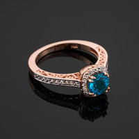 Aquamarine Solitaire Halo Diamond Pave Rose Gold Engagement Ring
