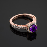 Rose Gold Amethyst Solitaire Halo Diamond Pave Gold Engagement Ring