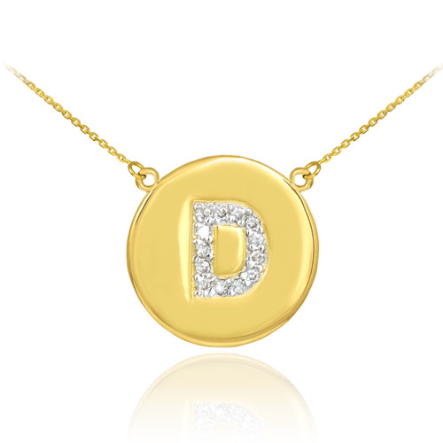 14k Gold Letter "D" Initial Diamond Disc Necklace