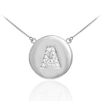 14k White Gold Letter "A" Initial Diamond Disc Necklace