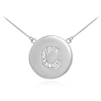 14k White Gold Letter "C" Initial Diamond Disc Necklace
