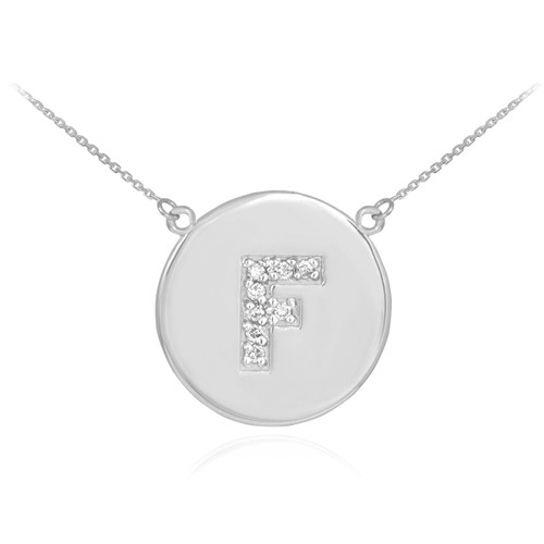 14k White Gold Letter "F" Initial Diamond Disc Necklace