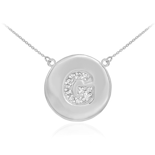 14k White Gold Letter "G" Initial Diamond Disc Necklace