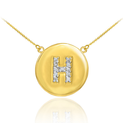14k Gold Letter "H" Initial Diamond Disc Necklace