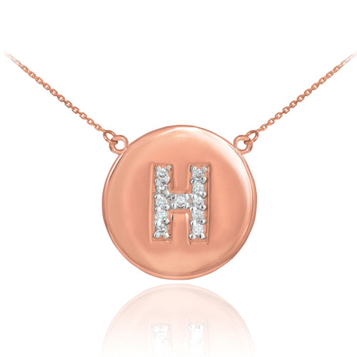 14k Rose Gold Letter "H" Initial Diamond Disc Necklace