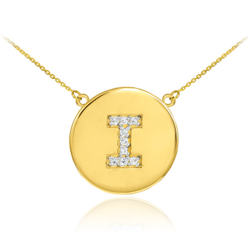 14k Gold Letter "I" Initial Diamond Disc Necklace