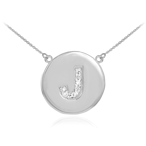 14k White Gold Letter "J" Initial Diamond Disc Necklace