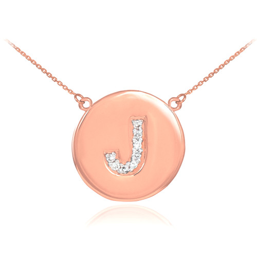 14k Rose Gold Letter "J" Initial Diamond Disc Necklace