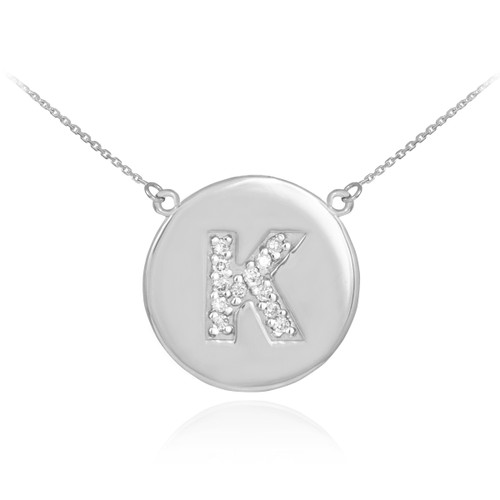 14k White Gold Letter "K" Initial Diamond Disc Necklace