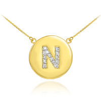 14k Gold Letter "N" Initial Diamond Disc Necklace