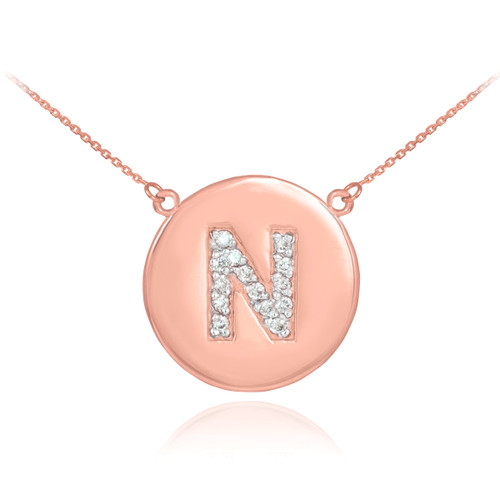 14k Rose Gold Letter "N" Initial Diamond Disc Necklace