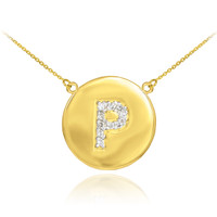 14k Gold Letter "P" Initial Diamond Disc Necklace