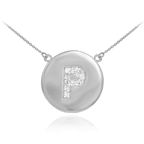 14k White Gold Letter "P" Initial Diamond Disc Necklace